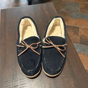 J. Crew Navy and Tan Suede Moccasins Slippers